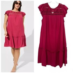TORRID Sz 1X 14-16 Mini Rayon Slub Crochet Yoke Shift Dress in Red Bud Boho Chic